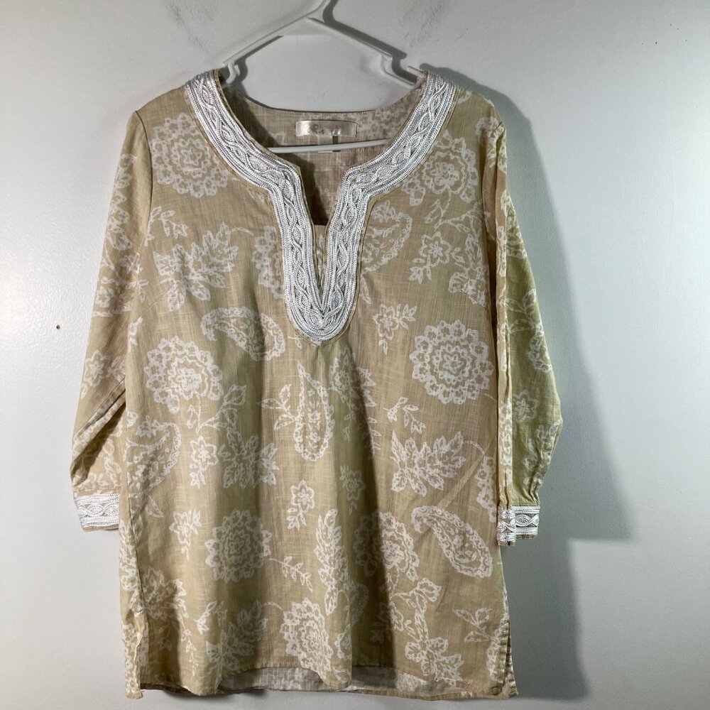 Womens Krazy Kat Lace V Neck Boho Floral Tunic Tan L White Cotton